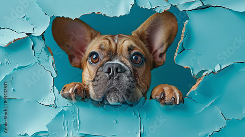 portrait dog looking throuhg a hole in a blue wallpaper photo