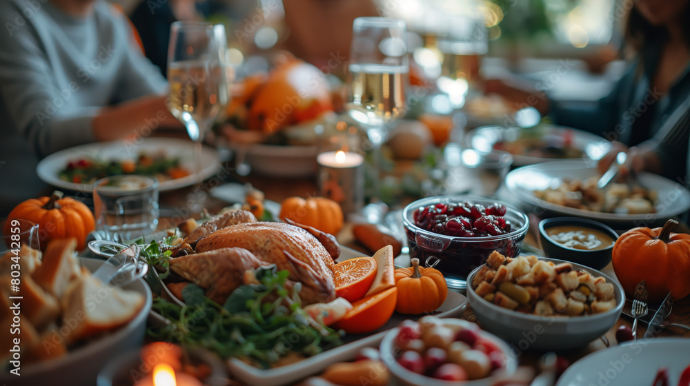 A festive Thanksgiving feast, with a table set with a bountiful spread of turkey. family gather to give thanks for the blessings in their lives and share in a delicious meal together A festive Thanksgiving feast, with a table set with a bountiful spread of turkey. family gather to give thanks for the blessings in their lives and share in a delicious meal together