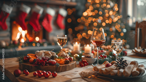 A festive holiday celebration with a beautifully decorated Christmas tree, stockings hung by the fireplace, and a table set with a delicious holiday feast. Loved ones gather together photo