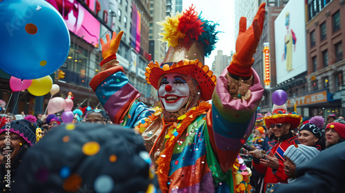 A festive street parade with marching bands, colorful floats, and performers entertaining cheering crowds. People line the streets to watch the procession and join in the revelry with dancing. photo