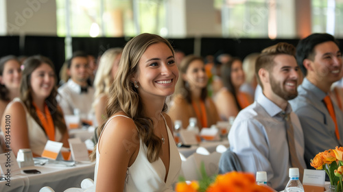 A gathering to celebrate achievements and milestones, such as a graduation ceremony, award ceremony, or recognition event. The sense of accomplishment and pride is captured as honorees are celebrated. photo