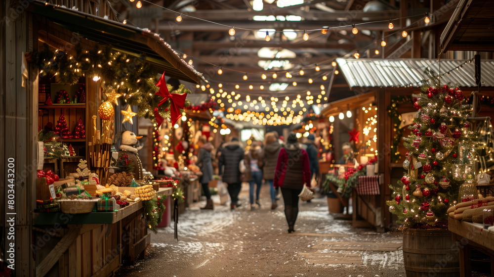Naklejka premium A holiday market with twinkling lights, festive decorations, and stalls selling handmade crafts and seasonal treats. Shoppers stroll through the aisles, sipping hot cocoa.
