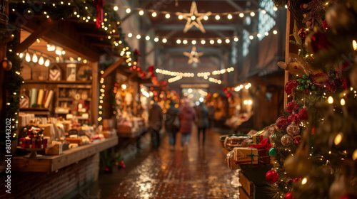 A holiday market with twinkling lights, festive decorations, and stalls selling handmade crafts and seasonal treats. Shoppers stroll through the aisles, sipping hot cocoa. © P