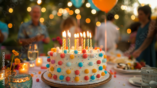 A lively birthday celebration filled with colorful decorations, balloons, and a towering cake adorned with candles. Friends and family gather to sing, dance, and celebrate another year of life.
