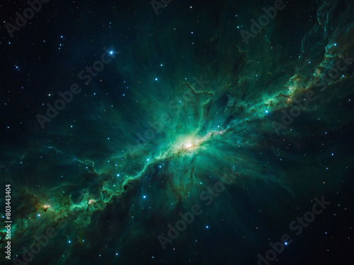 Luminous jade space cosmic background of supernova nebula and stars, reflecting the verdant mysteries of the universe. © xKas