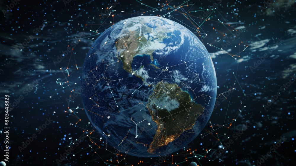 Obraz premium A globe surrounded by orbiting satellites, enabling borderless communication and instant connectivity across the world.