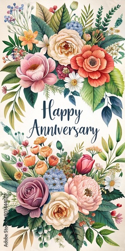 Happy anniversary card. Floral wedding day illustration.