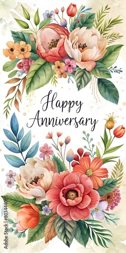 Happy anniversary card. Floral wedding day illustration.