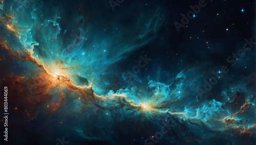 Iridescent turquoise space cosmic background of supernova nebula and stars, painting the universe with hues of serenity.