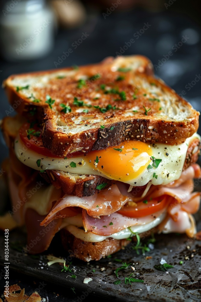 Delicious Bacon, Egg, and Cheese Sandwich on Black Plate Delicious Bacon, Egg, and Cheese Sandwich on Black Plate