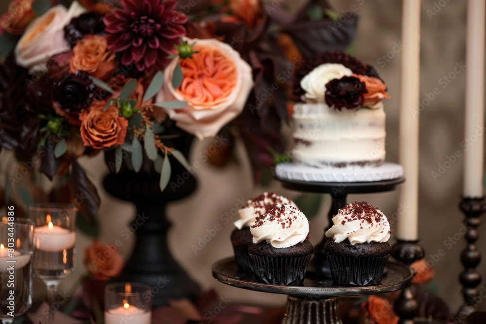 A table with a cake, cupcakes, and flowers