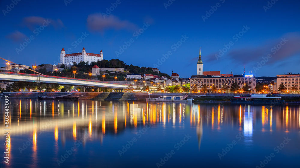 Bratislava, Slovakia. Cityscape image of Bratislava, capital city of Slovakia at twilight blue hour.