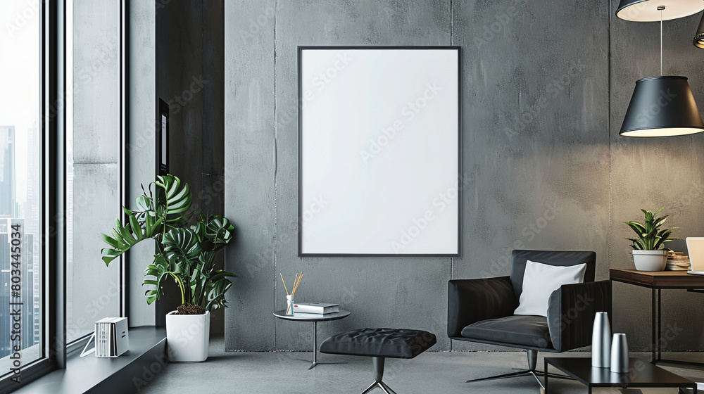a mockup showcasing a poster frame hanging on a wall in a modern office setting a mockup showcasing a poster frame hanging on a wall in a modern office setting