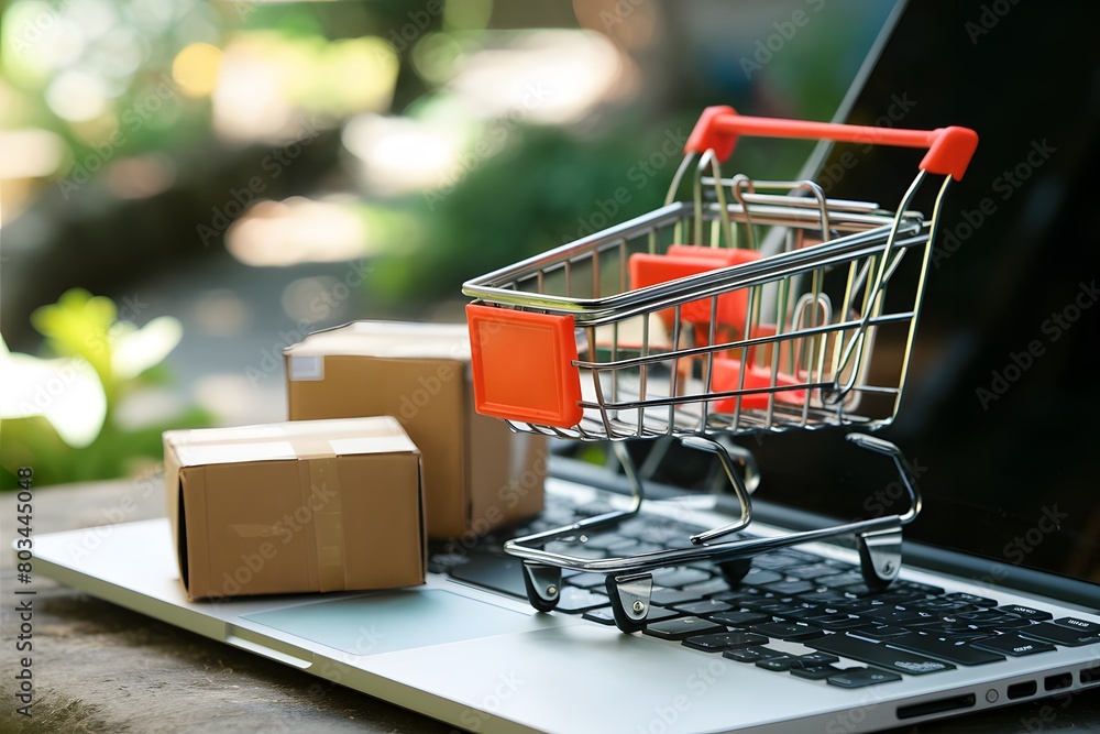 Miniature shopping cart on laptop keyboard with small cardboard boxes outdoors in garden