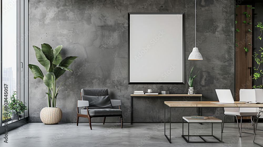 a mockup showcasing a poster frame hanging on a wall in a modern office setting a mockup showcasing a poster frame hanging on a wall in a modern office setting