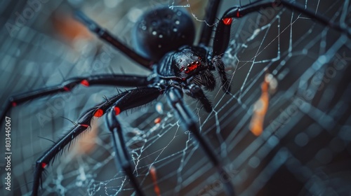 A macro shot of a venomous black widow spider resting on its intricate web, its red hourglass marking serving as a warning to potential predators. photo