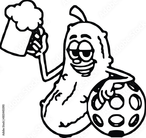 Cute Pickle Cartoon Character with A Thumb Up And Holding Pickleball Ball. Hand Drawn Vector Illustration Isolated On Transparent Background