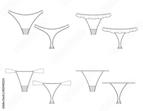 Set of 4 womenswear lingerie bottoms / Thong flat sketch / Women's underwear template / Fashion technical drawing for tech sheets