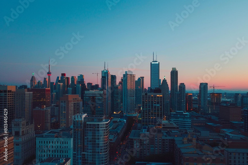 A stunning aerial shot of a city skyline at dusk  with the fading sunlight casting a warm orange glow on the buildings against the deep blue sky.