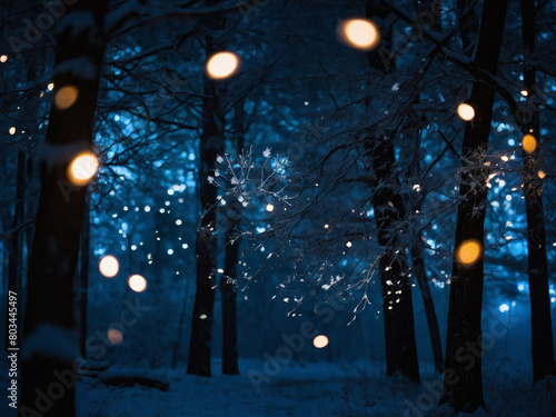 Midnight magic, snowflakes drifting down in a dark forest, where scattered lights and stars create an enchanting winter tableau.