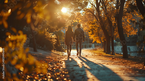 A couple walking hand in hand along a picturesque path  sunlight filtering through the trees  capturing the intimacy and connection between lovers in quiet moments of togetherness and affection.