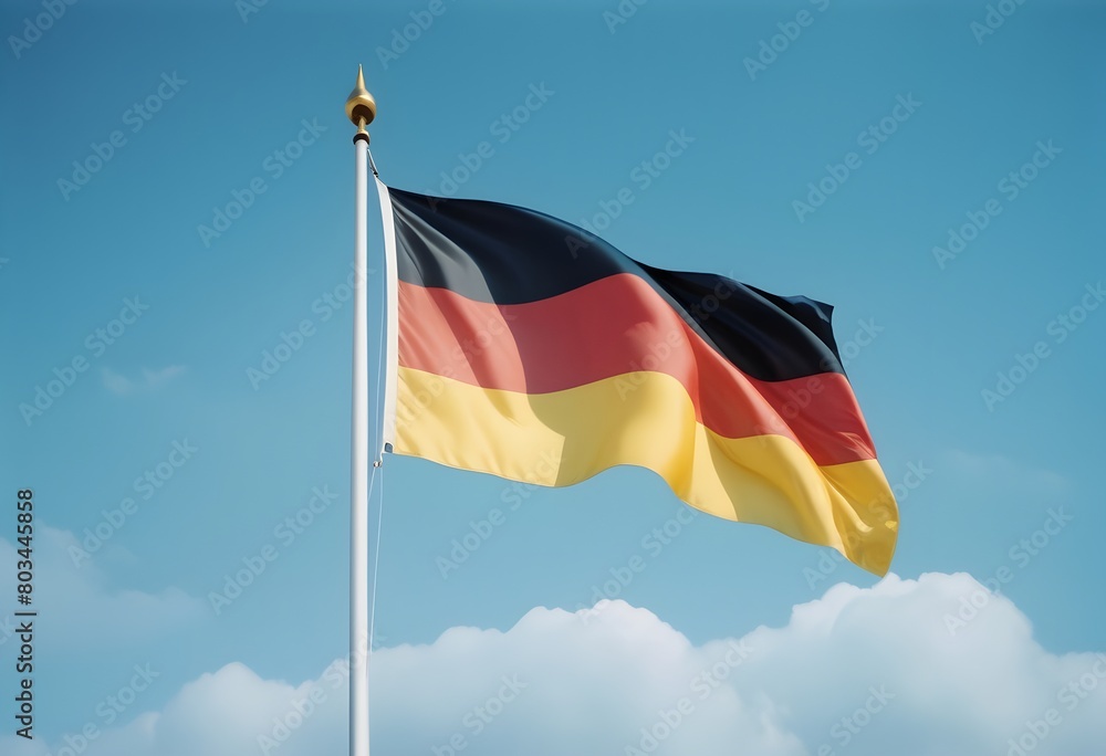 German Flag Waving Proudly in the Breeze Against a Clear Blue Sky German Flag Waving Proudly in the Breeze Against a Clear Blue Sky