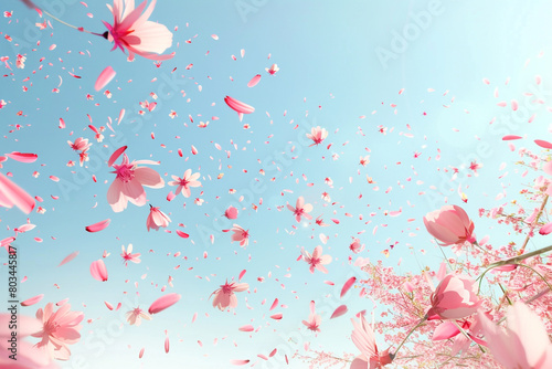 A stunning arrangement of blooming cherry blossoms  delicate pink petals falling like confetti against a backdrop of clear blue sky.