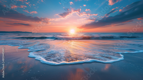 A breathtaking natural landscape, like a vibrant sunset or tranquil beach, evokes awe and wonder. Captures nature's beauty and tranquility, inspiring happiness and appreciation.