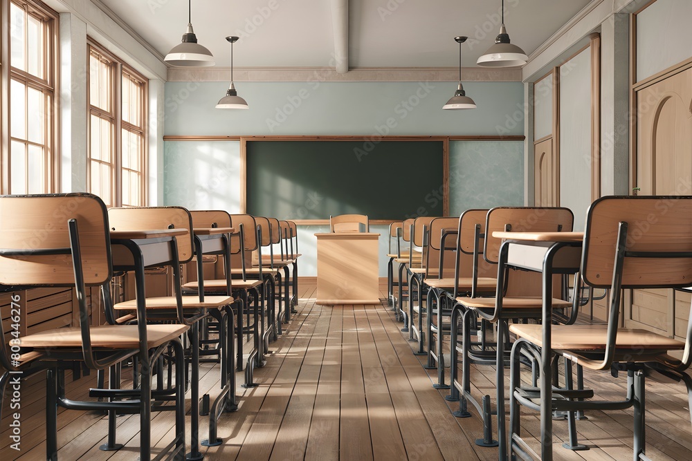 A peaceful classroom with rows of desks, blackboard, and natural light
