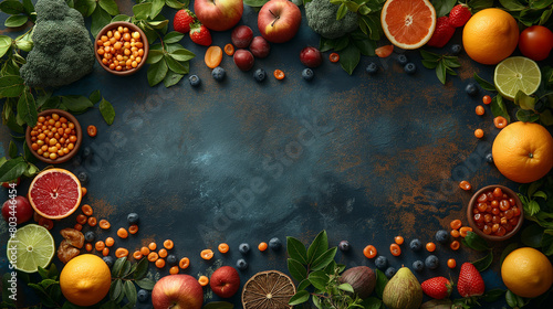 Healthy eating concept  vegetables and fruits on black stone background. Top view. Free space for your text. Healthy food banner. Set of fruits  vegetables  nuts and berries.