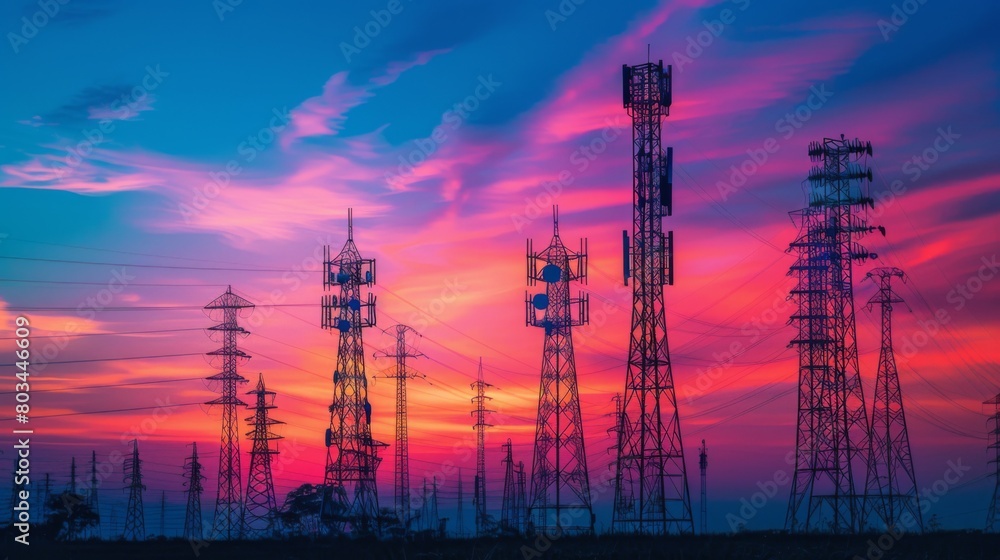 Fototapeta premium A row of cell phone signal towers against a colorful sunset, symbolizing connectivity and communication in remote areas.