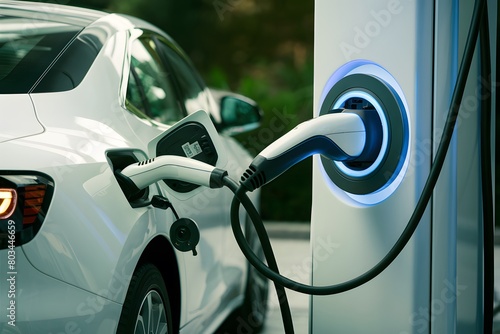 White electric car charging at sleek EV station with futuristic design and green glow photo