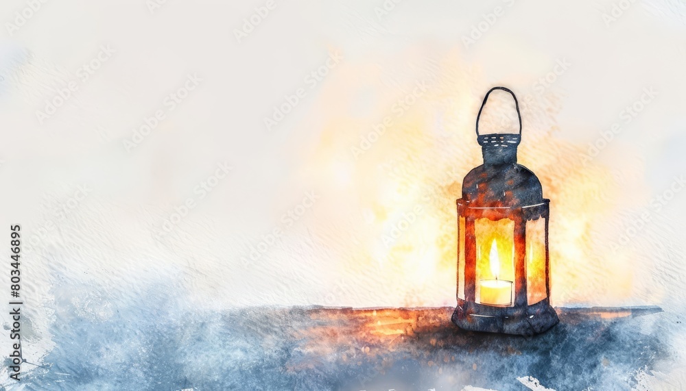 A beautiful watercolor painting of a lantern with a flickering candle inside