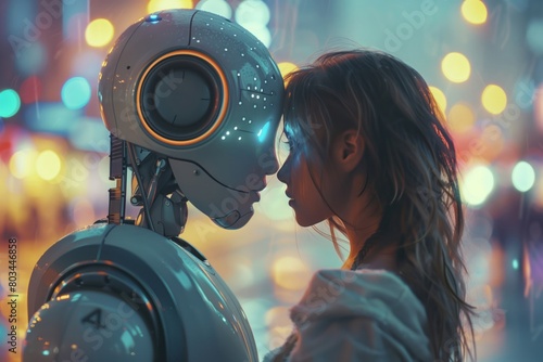 A robot and a woman hug each other against the backdrop of the evening city