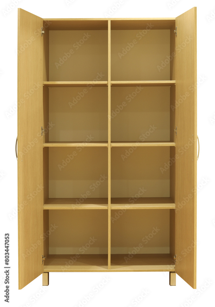 Open empty wooden wardrobe closet cabinet furniture with shelves. Modern home concept design. Open empty wooden wardrobe closet cabinet furniture with shelves. Modern home concept design.