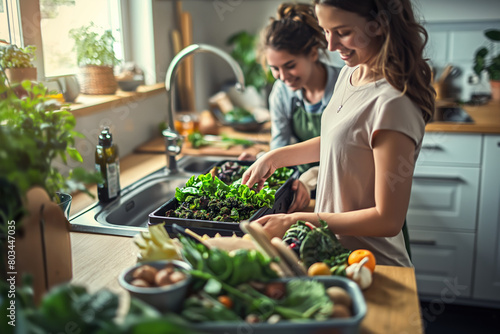 Two young women enjoy preparing a healthy meal together using fresh  organic vegetables in a modern  sunlit kitchen. Emphasizing sustainable living and home cooking.