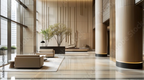 Minimalist Luxury Hotel Lobby in Neutral Tones with Natural Lighting AI Generated.
