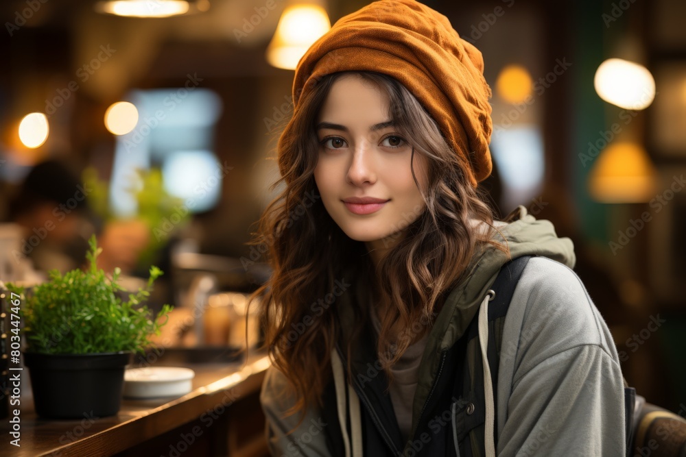 Stylish young woman in a cafe wearing a trendy beret Stylish young woman in a cafe wearing a trendy beret