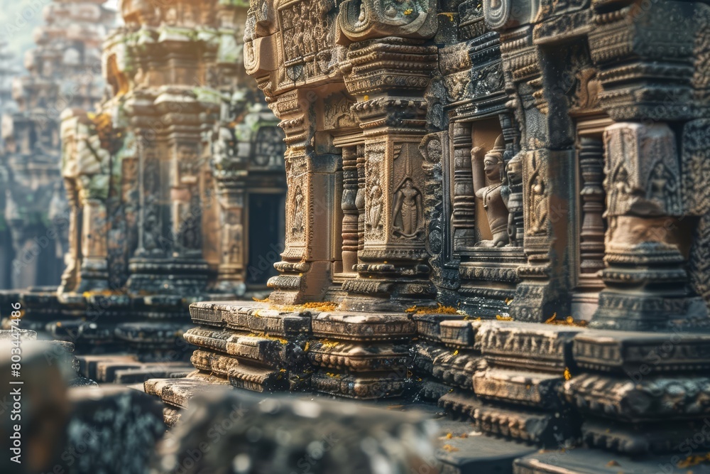 Fototapeta premium An ancient temple, carved with intricate details and surrounded by lush vegetation, stands as a testament to the passage of time and the power of nature.