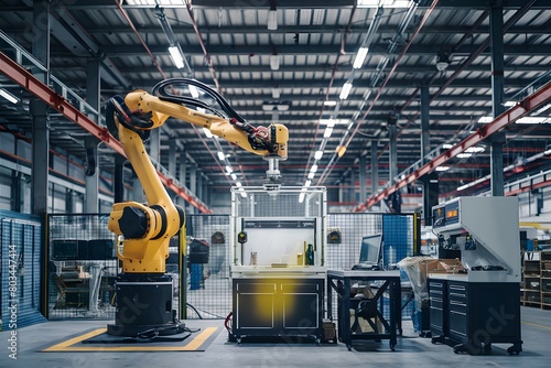 Robotic arm in yellow, above workstation in industrial warehouse setting, emphasizing automation