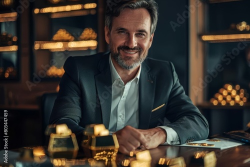 businessman with gold bars at table smiling confidently precious metals investment concept