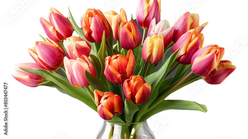 A Dutch tulip bouquet in a vase on a transparent background. PNG format  This PNG file  with an isolated cutout object on a transparent background. 