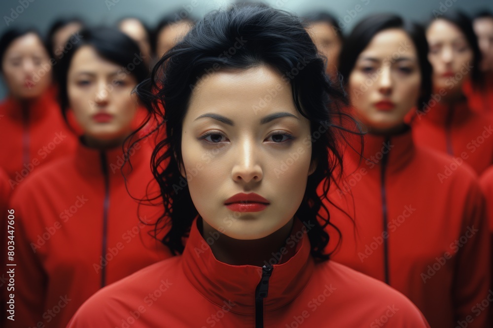Uniformed team in red jackets standing in a row Uniformed team in red jackets standing in a row