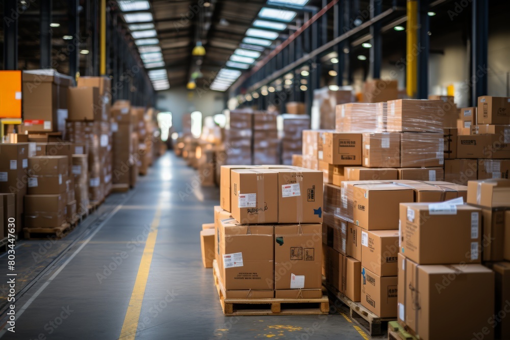 Cardboard boxes stacked in a busy warehouse interior Cardboard boxes stacked in a busy warehouse interior