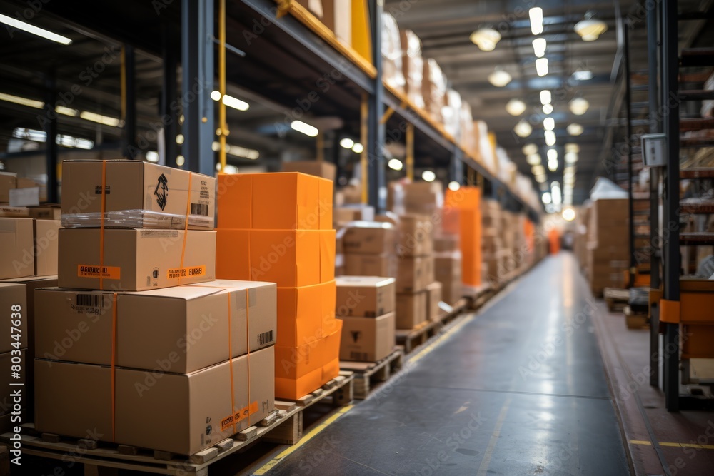 Warehouse interior with rows of shelves stocked with boxes