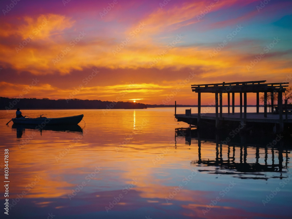 Paint a scene of a serene lake bathed in the warm glow of a colorful sunset, its surface reflecting the dazzling hues of the sky.