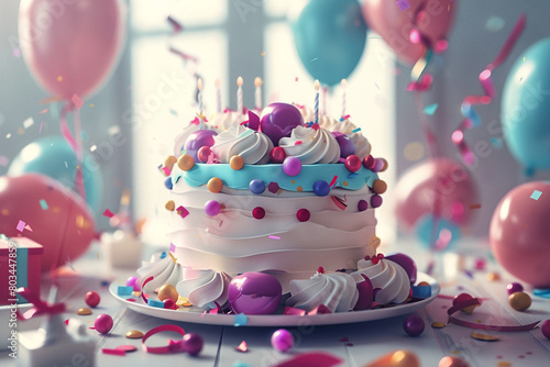 A stunning photograph showcasing a meticulously crafted 3D-rendered birthday cake adorned with festive balloons and ribbons  creating a joyful and celebratory mood.