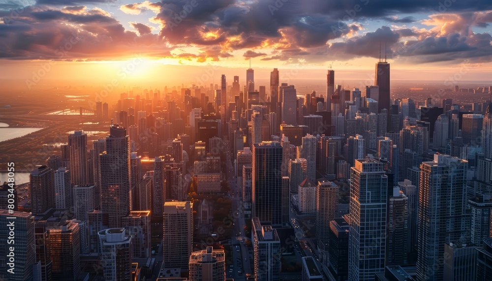 Fototapeta premium A stunning aerial view of Chicago at sunrise