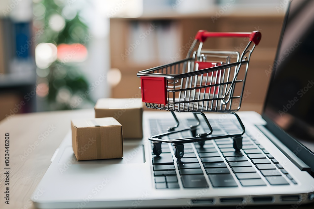 Shopping cart and keyboard with small boxes in a room or office setting