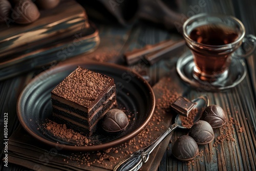 chocolate truffle cake cocoa powder tea black wooden table indulgent dessert moody food photography still life dark digital illustration  photo